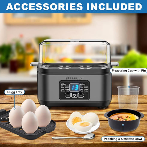 6 Tesslux Electric Rapid Egg Cooker, Egg Capacity for Hard Boiled Eggs, Poached Eggs, Scrambled Eggs, or Omelets Maker