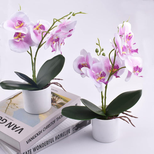 XONOR 2 Pieces Artificial Orchid Flowers, Potted Fake Orchids with Plastic Vase for Home Decor, Office, Wedding