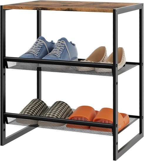 4 Closet 3 Closet Garden you Shoe Rack for Narrow Tiers, Small Shoe Rack with Brown Wooden Tabletop, Adjustable Metal