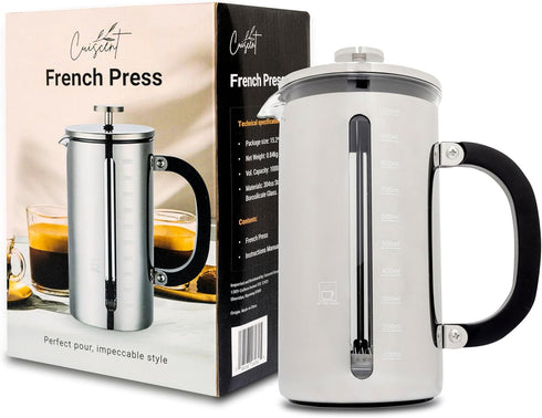 High Borosilicate Glass French Press, 1000 ml Capacity with 304 Stainless Steel for Coffee Enthusiasts