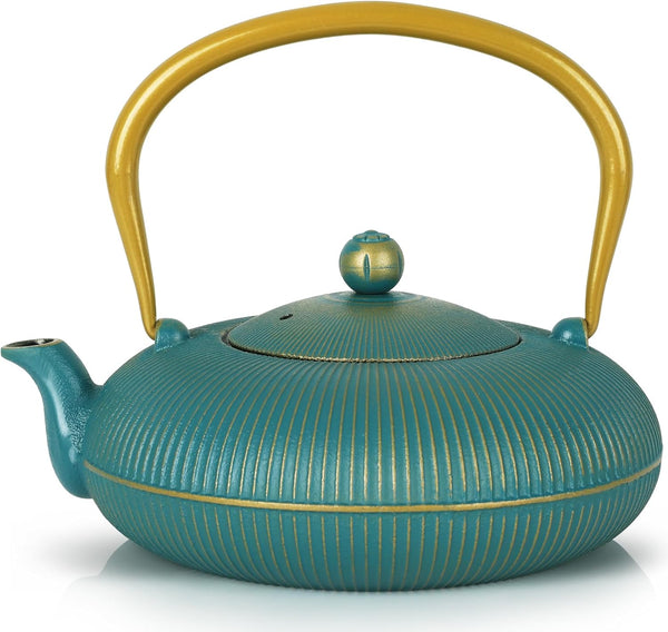 Green Cast Iron Teapot, Large Capacity 40oz/1200ml with Infuser for Loose Leaf, Stovetop Safe
