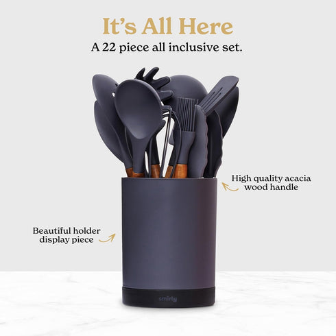 Silicone Kitchen Utensils Set & Holder, Cooking Essentials for New Home, Grey