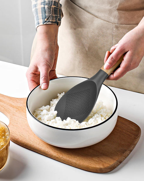 Cooking Spoon and Rice Scooper for Nonstick Cookware, Durable BPA-Free Silicone with Wood Handle