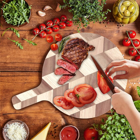 Acacia Wood Round Cutting Board with Handle, 9.85” x 13.75”, for Meat, Cheese, Pizza, Vegetables, Decorative Serving