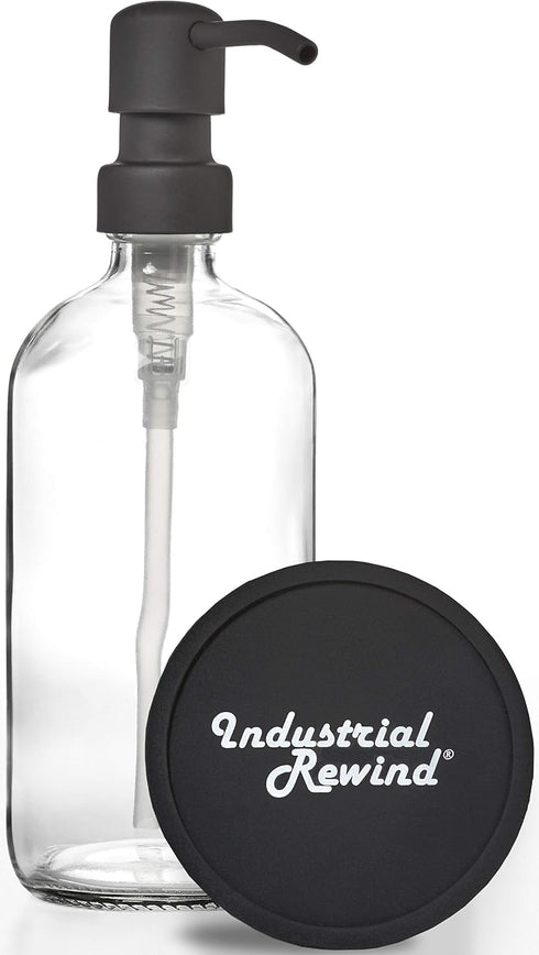 Matte Black Soap Dispenser Pump on Clear 16oz Durable Glass Bottle for Kitchen Sink or Restroom Vanity