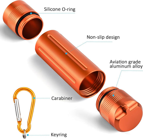 Airtight Stash Jar, Durable Smell Proof Aluminum Container, Portable Dual-Opening Storage Tube with Carabiner for Herbs, Spices, Valuables - Orange