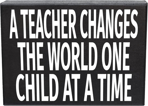 JennyGems Inspirational Teacher Gift Wood Sign, A Teacher Changes the World One Child at a Time, Classroom Decor