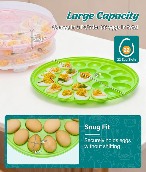 3 Pack 66-Slot Deviled Egg Container with Lid, Stackable Deviled Egg Platter with Handle, Egg Carrier Tray for Fridge