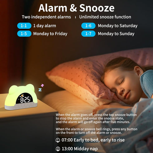Toddlers,3 Alarm Clock for Kids, Wake Up Clock with Night Light, Sleep Training Clock for Brightness Levels, Dual