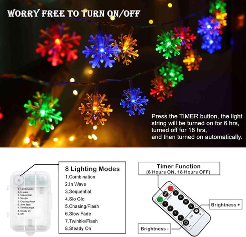 Runleo 20 40 8 Christmas Lights Multicolor, FT LED Multi Colored Snowflake String Lights, Battery Operated Modes