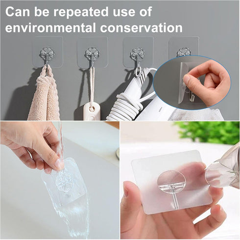 10 Pack Heavy Duty Wall Hooks, 33lb(MAX) Self Adhesive, Waterproof and Oilproof Transparent Seamless Hooks