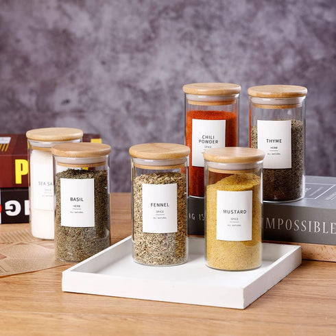 12 8oz Thicken(2.4mm) 148 Pcs Glass Spice Jars With Bamboo Airtight Lids, Spice Containers With Minimalist Preprinted