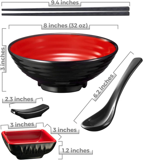 Unbreakable Ramen Bowl Set with Chopsticks and Spoon: 1 large Japanese Style Melamine Ramen Bowl, Dipping Bowl and Chopsticks and Stand for Asian Pho Soup Thai Miso Udon Wonton (1 Bowl Set, Red-Black) by Practimondo