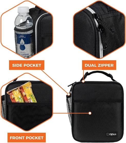 opux Premium Insulated Lunch Box, Soft Lunch Bag for Kids and Adults, Leakproof Black Cooler Tote