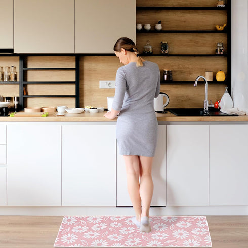 Spring Kitchen Rugs Set of 2, Pink White Daisy Flower Door Mat Non Slip Floor Rugs for Home Kitchen Room Decor