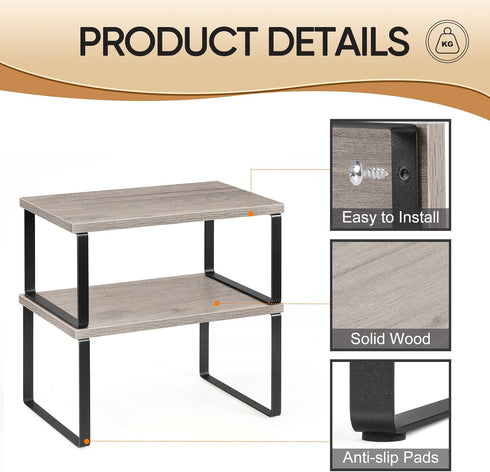 NEX Kitchen Cabinet and Counter Shelf Organizer, Set of 4, Stackable & Expandable, Black and Greige