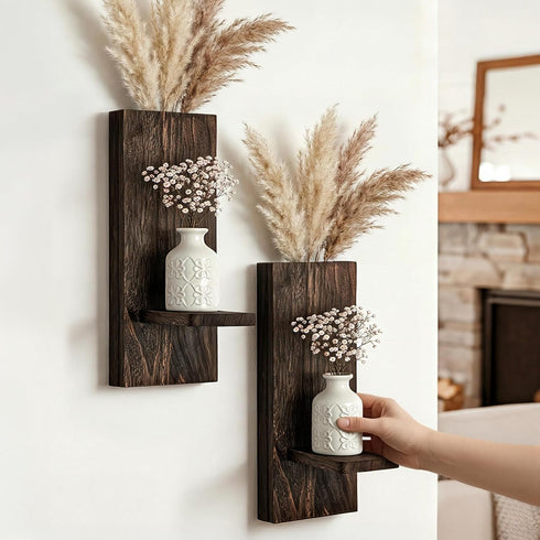 Treory Set 2, 13.8" 5" Wood Wall Planter of Wooden Wall-Mounted Vase with Shelf for Plants & Candles, Farmhouse Hanging