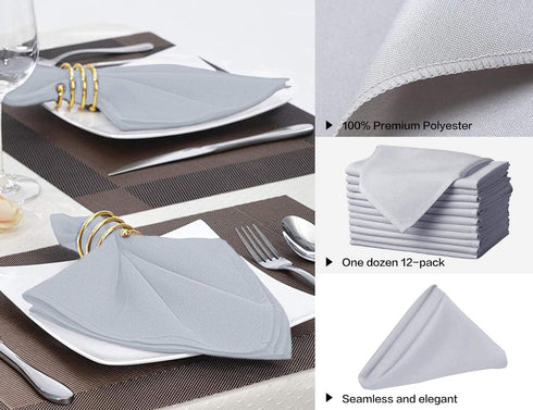 Surmente 20-Inch Polyester Cloth Napkins, Set of 12 for Weddings, Banquets, or Restaurants, Silver