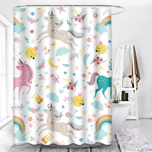 Emvency Shower Curtain - Kids Rainbow Blue Pattern Unicorns, Pink Baby Girl, Waterproof Polyester Fabric