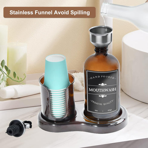 16oz 2 Amber Glass Mouthwash Dispenser with Cup Holder for Bathroom, Refillable Mouthwash Bottles Container with Tray