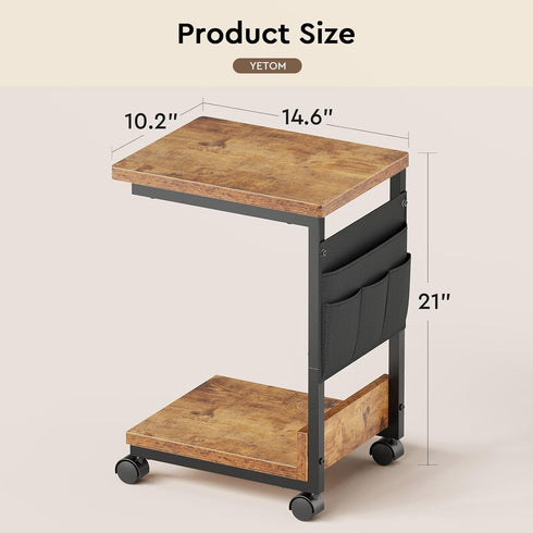 2-Tier YeTom Side Table,C Table with Storage Shelf, End Table with a Storage Bag, Sofa Table with Wheels for Living