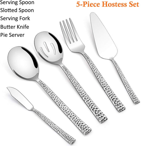 E-far Hammered Serving Utensils, 5-Piece Stainless Steel Square Hostess Serving Set, Mirror Finished & Dishwasher Safe