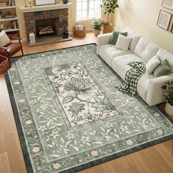 GarveeHome Provence 5x7 Area Rugs, Botanical Grove Sage Green Vintage Cottagecore Non-Slip