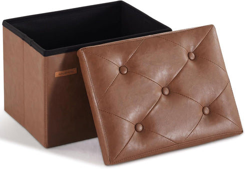 HAUSFRAU Storage Ottoman Foot Rest Stool, Small Folding Ottoman with Storage, Tufted Square Cube Footrest, Faux Leather