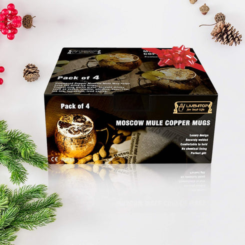 LIVEHITOP Moscow Mule Mugs Set of 4, Handcrafted Copper Cocktail Cups with Coasters for Cold Drinks and Parties