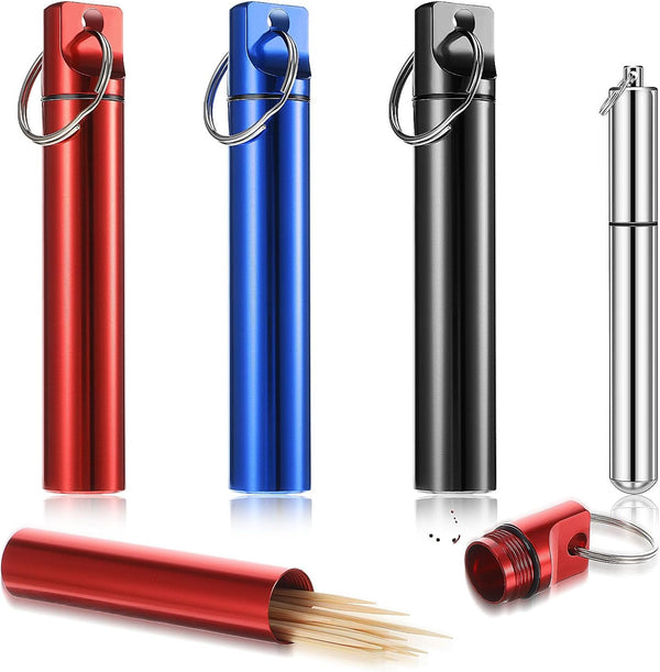 Portable Toothpick Holder 4PCs, Metal Dispenser, Pocket Waterproof Case with Keychain, Travel Purse Ear Wax Removal