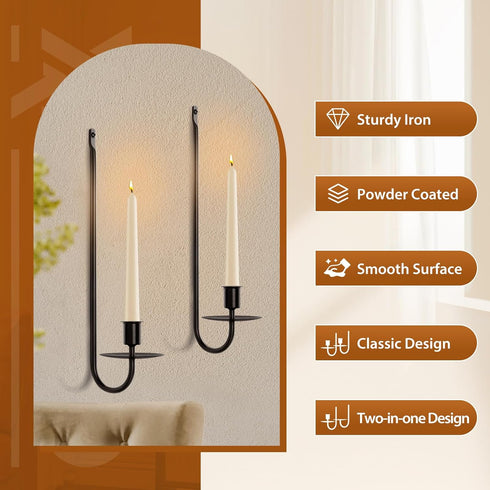 Set 2, 13.2 Inch Set Candle Sconces of Taper & Pillar Wall Candle Holder, Black Wall Sconces of Two, Decor