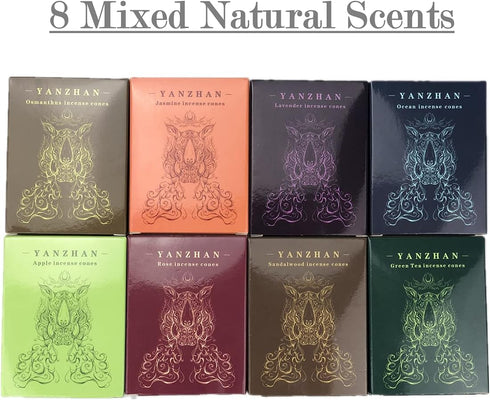 80 Pcs Backflow Incense Cones, 8 Mixed Natural Scents including Sandalwood, Rose, Green Tea, Lavender