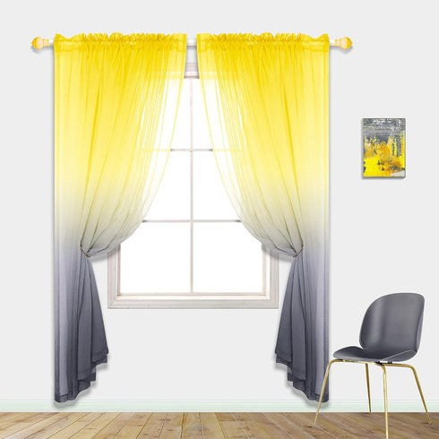 Lemon Yellow and Grey Sunflower Kitchen Curtains - Stylish Window Panels for Home Decor