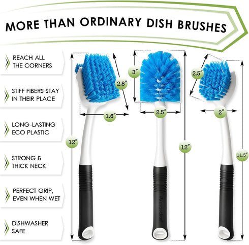 Dish Brush Set of 3 with Water Bottle Brush, Dish Scrub Brush and Scrubber Brush - Kitchen Scrub Brushes, Non Slip Long Handle for Cleaning Cleaner Wash Dish Sink Dishes Cup Pot, Round Head by MOSOLAN