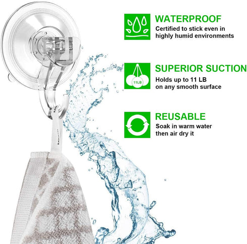 LUXEAR Suction Cup Hooks, 6 Pack, Reusable Powerful Waterproof Clear Removable Suction Hanger for Bathroom and Kitchen