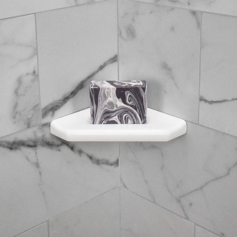 Questech 5" Shower Soap Dish Shelf for Inside Shower, Bath Organizer for Tiled Walls, Bright White Polished