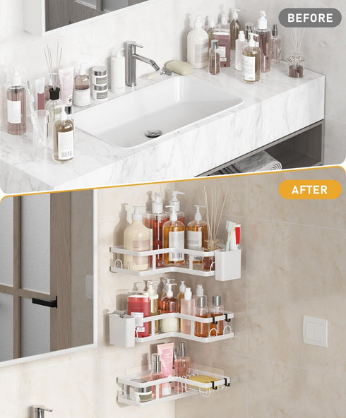3 Pack Corner Shower Caddy Organizer, Rustproof Corner Shower Shelves, No Drilling Bathroom Corner Shelf with Hooks