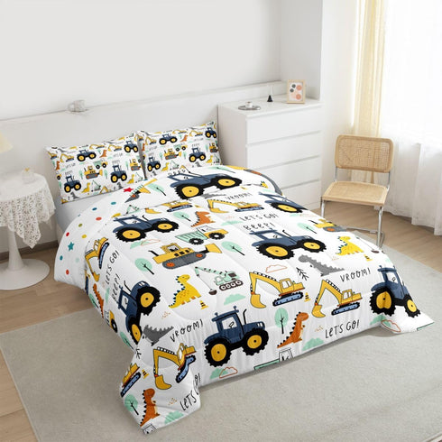Set Set Kids Excavator Comforter Full, Cartoon Equipment Trucks Bedding for Boys Girls Children, Dinosaur Duvet Insert