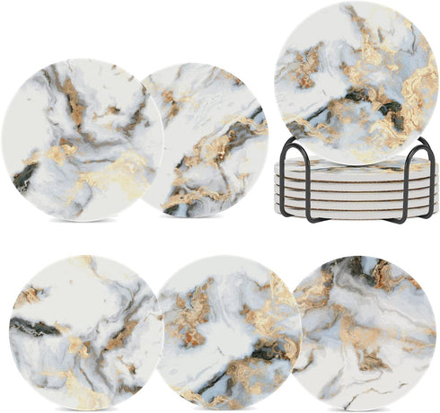 Coasters for Drinks Absorbent with Holder,Abstract White Gold Marble Sets of 6