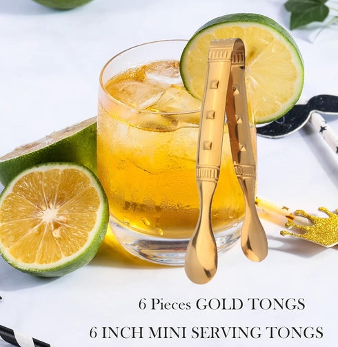 6-Pieces Gold Mini Tongs - 6 Inch Serving Utensils for Appetizers, Ice, Sugar