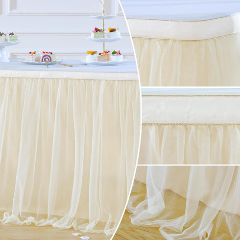 Suppromo 9ft Champagne Tulle Table Skirts, Tutu Table Cloth Cover for Wedding Birthday Party Decor