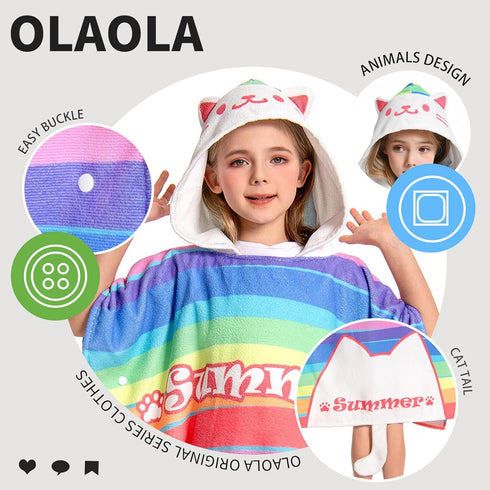 3-12 OLAOLA Striped Cat Hooded Kids Beach Towels for Years Boys Girls, Soft Absorbent Kids Hooded Bath Towel Wrap