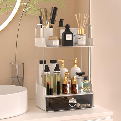 Bathroom Counter Organizer, 2 Tiered Organizer Countertop with Drawer, Makeup and Skincare Storage for Vanity, Desktop, Bathroom (White) by DTUQYX
