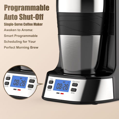 14 Oz 700W RAINBEAN Single Serve Coffee Maker, Programable Single-Serve Brewers, Timer Auto Start/Off, Single Cup