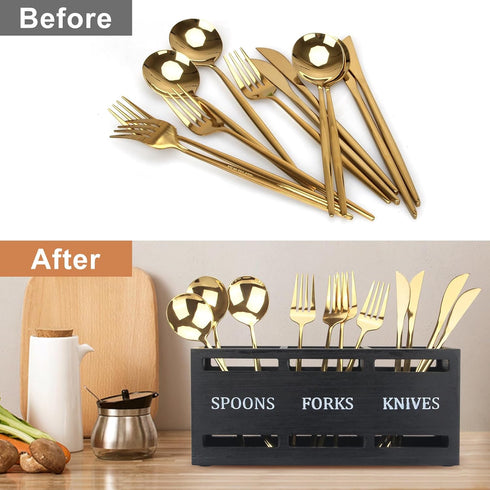 Ayiaren Wooden Silverware Caddies, Flatware Cutlery Holder for Kitchen Utensils, Black Countertop Organizer