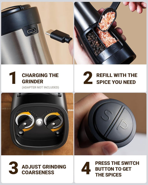 Set 2 1 Set Sangcon Electric Salt and Pepper Grinder Shakers IN - USB RECHARGEABLE Salt and Pepper Mill All in One