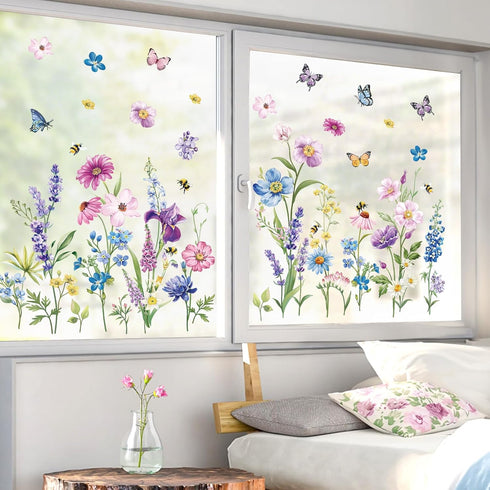 decalmile Summer Garden Flower Double Sided Window Clings Spring Wildflower Purple Floral Iris Butterflies Window Decals Anti-Collision Glass Window Doors Window Stickers Gifts for Her