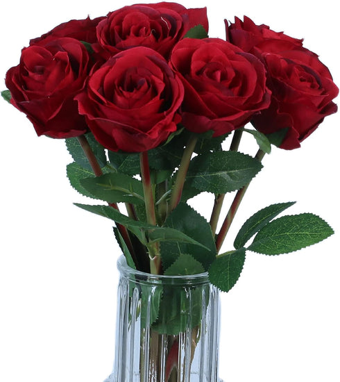 Tinsow 8 Heads Artificial Roses Flowers - Silk Latex Rose Bouquet for Home Decoration (Red)