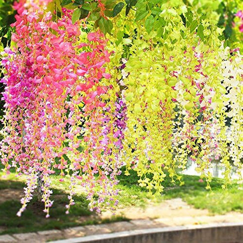 DearHouse 12 Pack Artificial Fake Wisteria Vine Hanging Garland Silk Flowers String Home Party Wedding Decor (Pink)