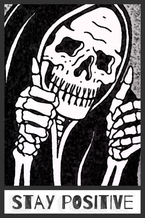 Stay Positive Skull Metal Sign Decor, 12" x 8" for Grunge, Goth, and Emo Room Styles